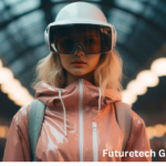 Young girl coding on a laptop with futuristic graphics in the background.