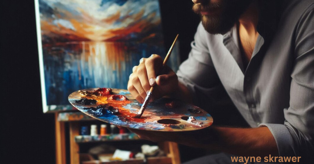 Wayne Skrawer creating art in his studio, surrounded by vibrant colors and materials